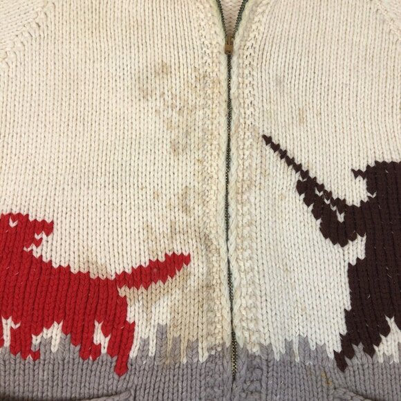 Vintage Cowichan Knitted Zip Sweater Hunter Dog Hunting Pheasant Talon Zipper - Picture 5 of 11